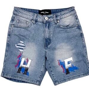 Homme + Femme Hand Paint Logo Distressed Denim Jean Shorts, Size 30 New w/ Tag